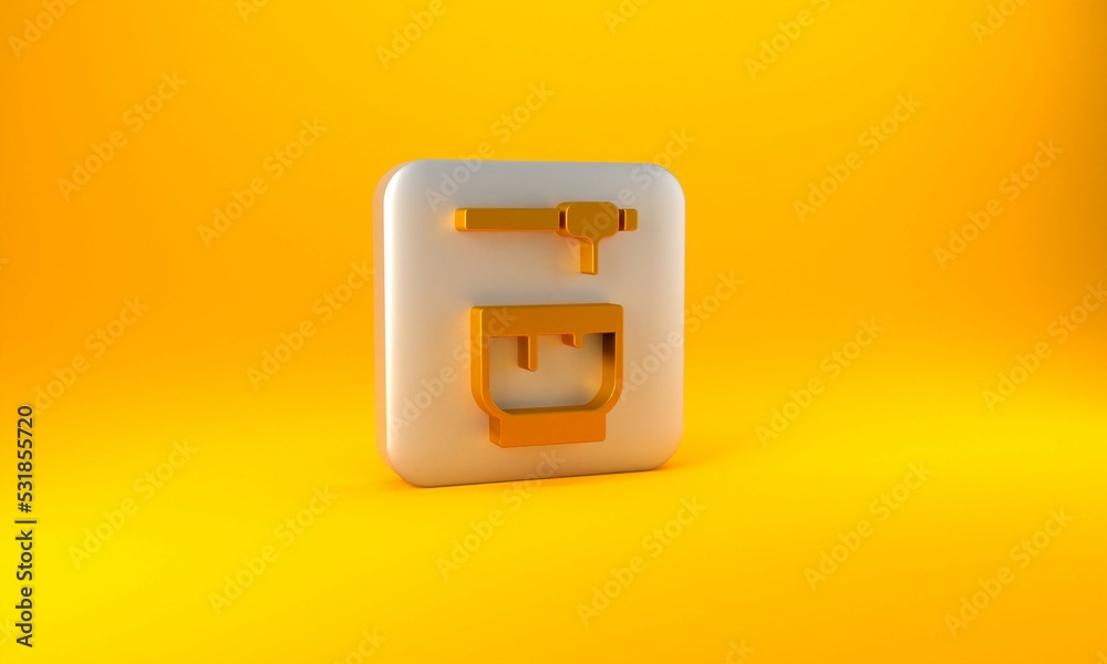 Gold Honey dipper stick and bowl icon isolated on yellow background. Honey ladle. Silver square butt