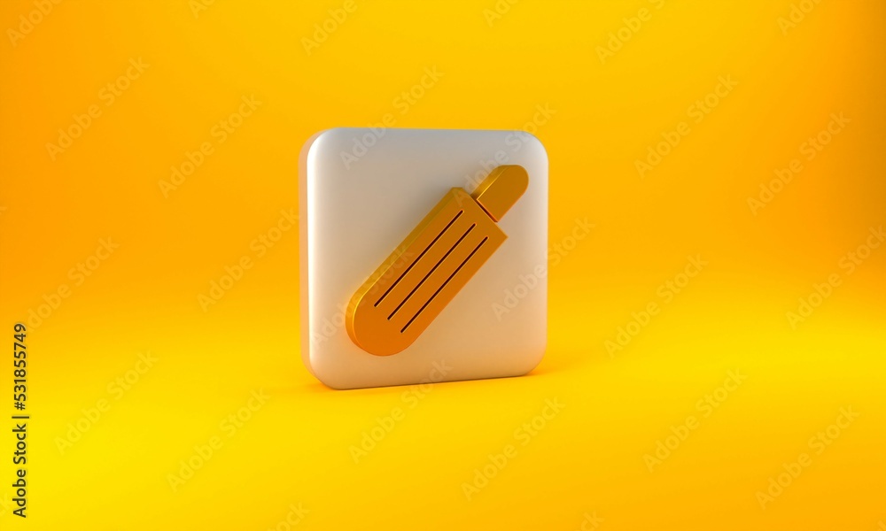 Gold French hot dog icon isolated on yellow background. Sausage icon. Fast food sign. Silver square 