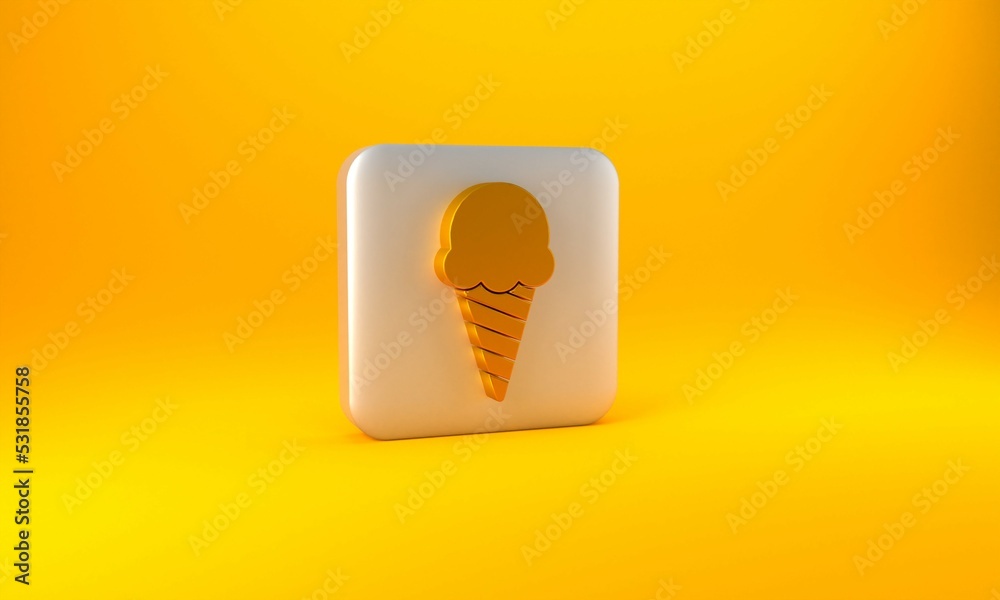 Gold Ice cream in waffle cone icon isolated on yellow background. Sweet symbol. Silver square button