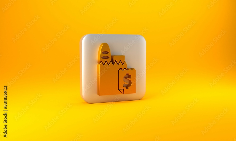 Gold Online ordering and fast food delivery icon isolated on yellow background. Silver square button