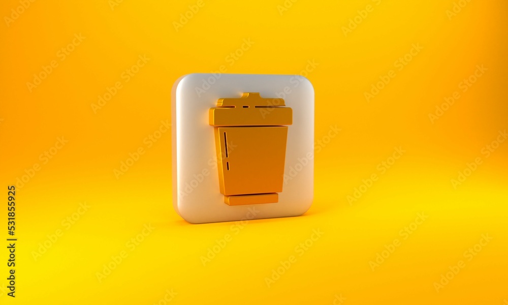 Gold Coffee cup to go icon isolated on yellow background. Silver square button. 3D render illustrati