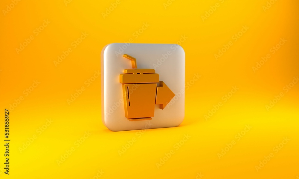 Gold Coffee cup to go icon isolated on yellow background. Silver square button. 3D render illustrati