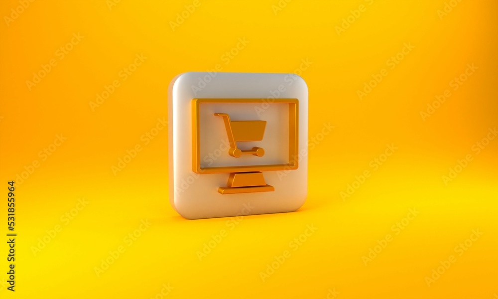 Gold Shopping cart on screen computer icon isolated on yellow background. Concept e-commerce, e-busi