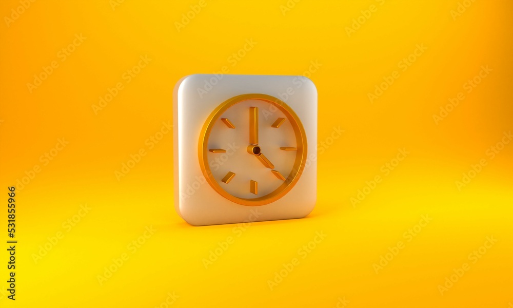 Gold Clock icon isolated on yellow background. Time symbol. Silver square button. 3D render illustra