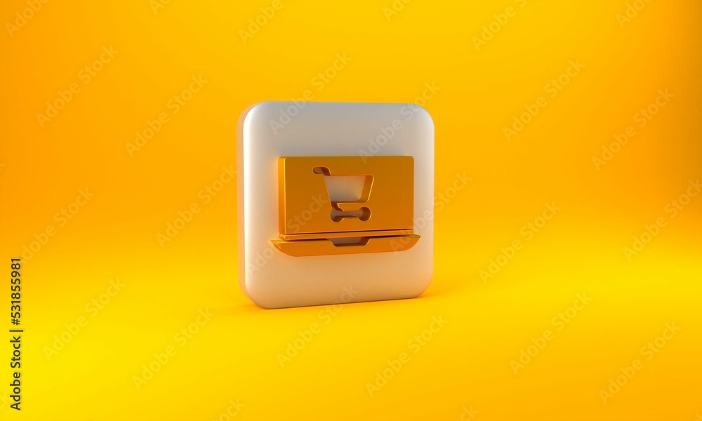 Gold Shopping cart on screen laptop icon isolated on yellow background. Concept e-commerce, e-busine