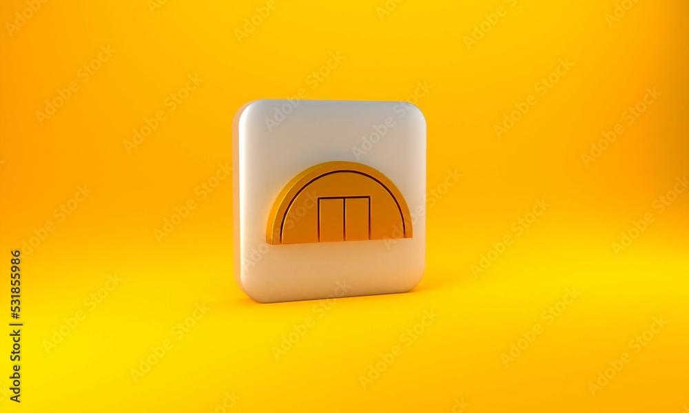 Gold Warehouse icon isolated on yellow background. Silver square button. 3D render illustration