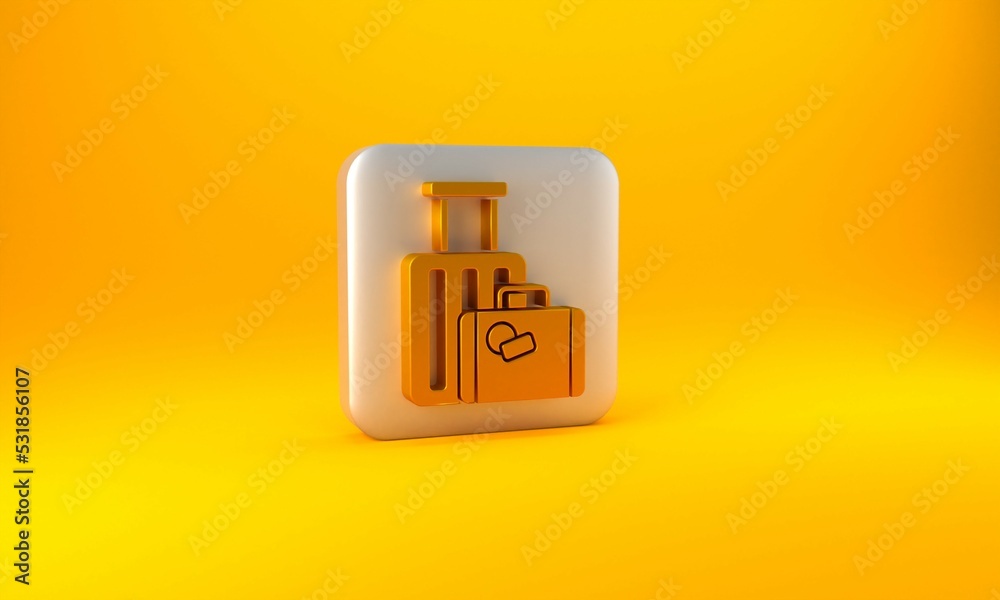 Gold Suitcase for travel icon isolated on yellow background. Traveling baggage sign. Travel luggage 