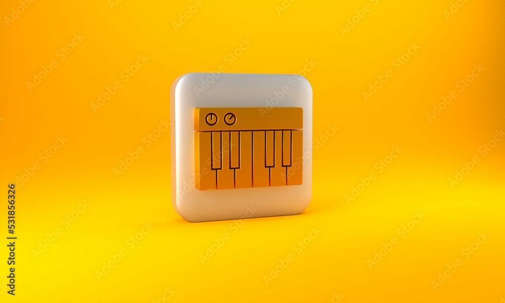 Gold Music synthesizer icon isolated on yellow background. Electronic piano. Silver square button. 3