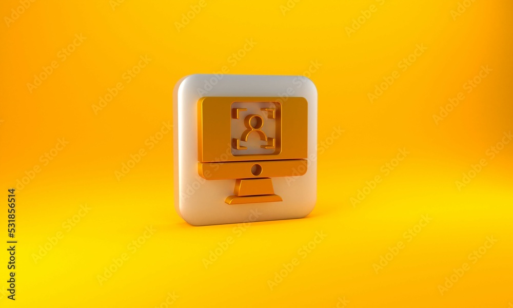 Gold Monitor with face recognition icon isolated on yellow background. Face identification scanner i