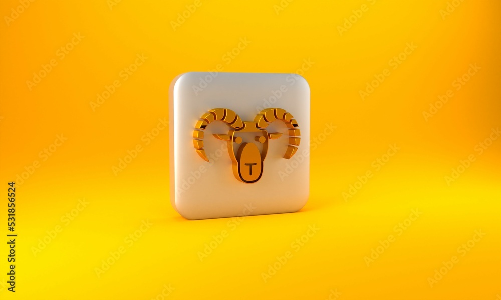 Gold Head of goat or ram icon isolated on yellow background. Mountain sheep. Animal symbol. Silver s