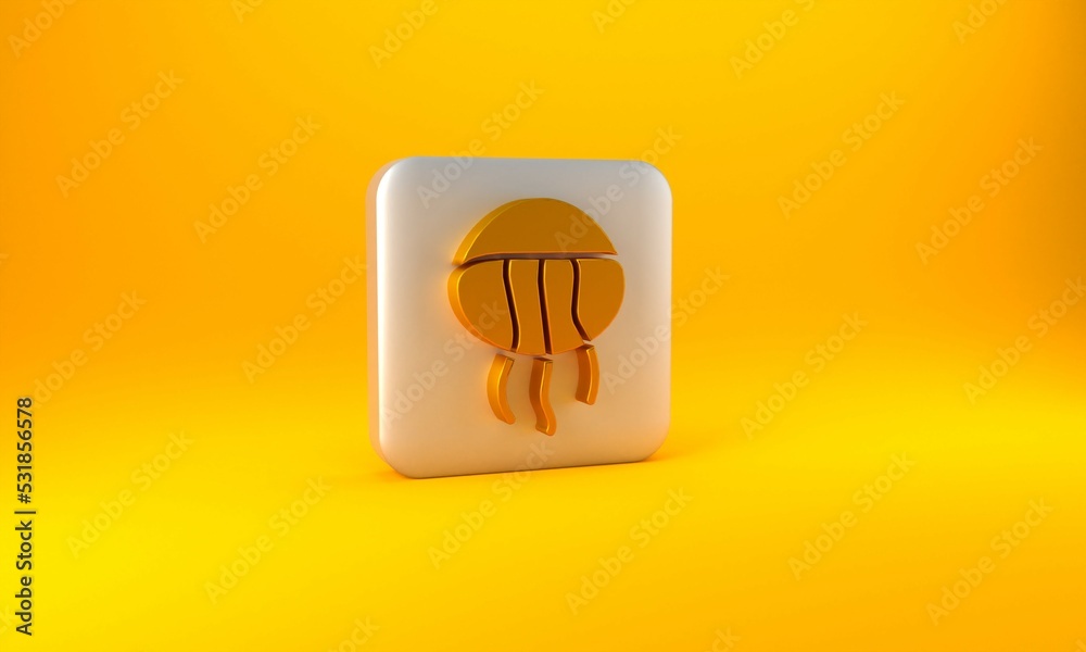 Gold Jellyfish icon isolated on yellow background. Silver square button. 3D render illustration