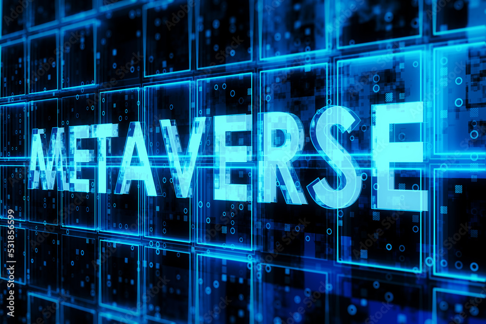 Creative dark blue cubes background with metaverse text hologram. Technology, bigdata and informatio