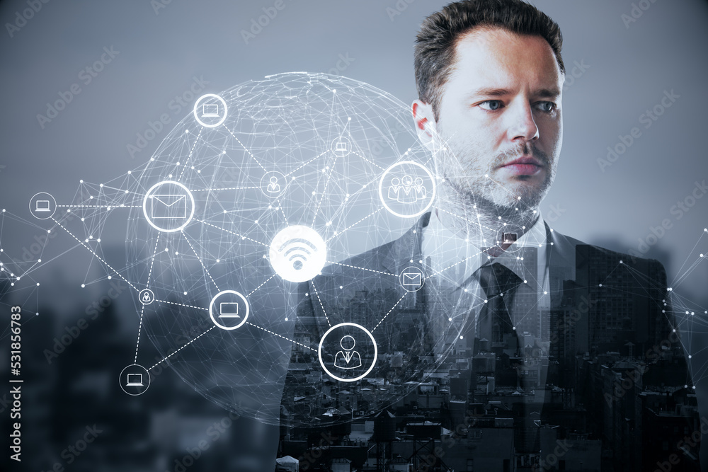 businessman with abstract glowing wi-fi icons polygonal globe on blurry city background. wi fi inter