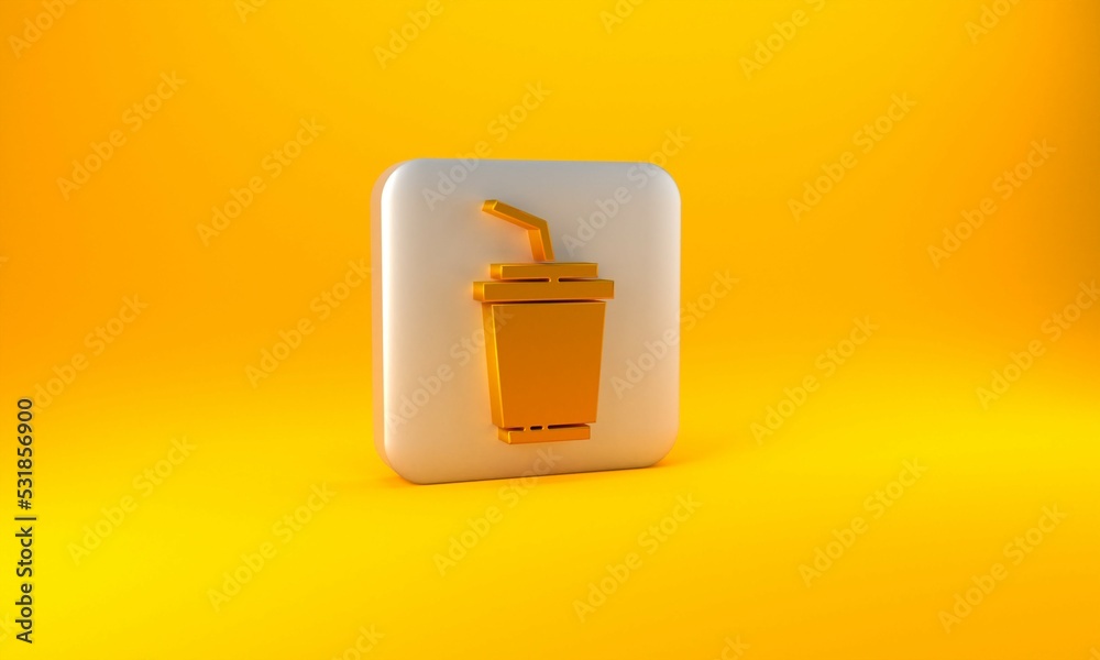 Gold Paper glass with drinking straw and water icon isolated on yellow background. Soda drink glass.