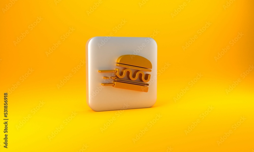 Gold Online ordering and burger delivery icon isolated on yellow background. Silver square button. 3