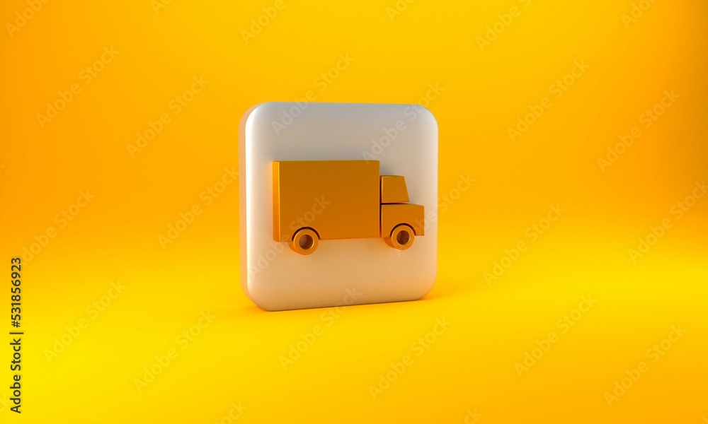 Gold Fast round the clock delivery by car icon isolated on yellow background. Silver square button. 