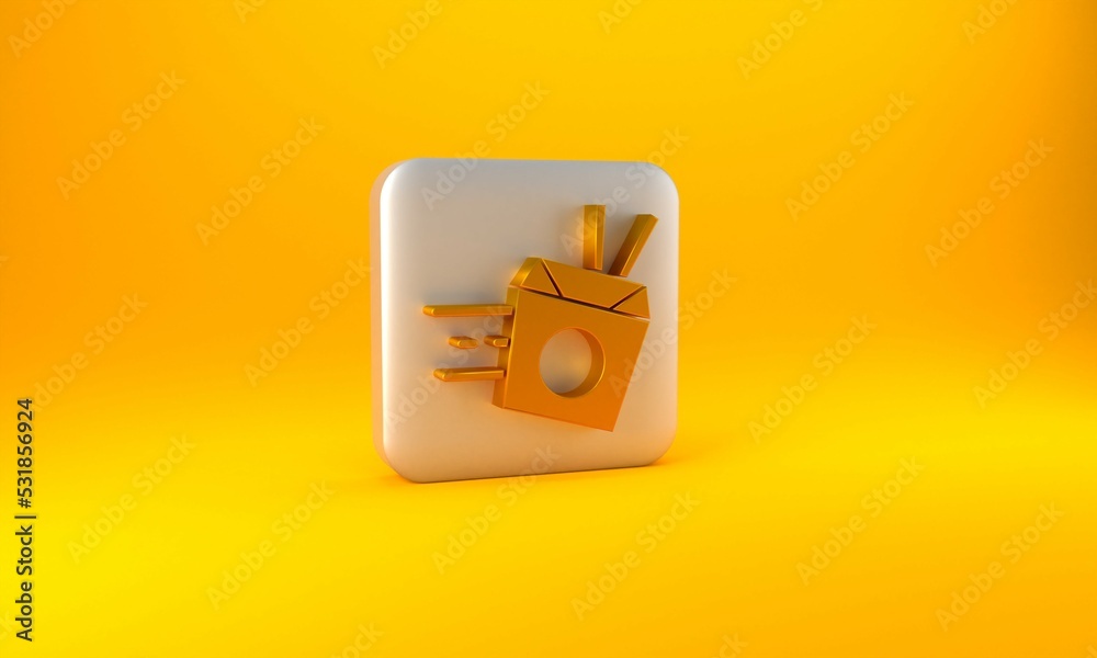 Gold Online ordering and noodles delivery icon isolated on yellow background. Silver square button. 