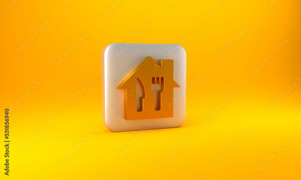 Gold Online ordering and fast food delivery icon isolated on yellow background. Silver square button