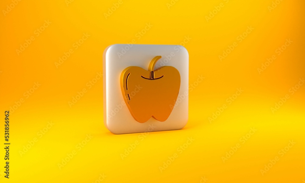 Gold Apple icon isolated on yellow background. Fruit with leaf symbol. Silver square button. 3D rend