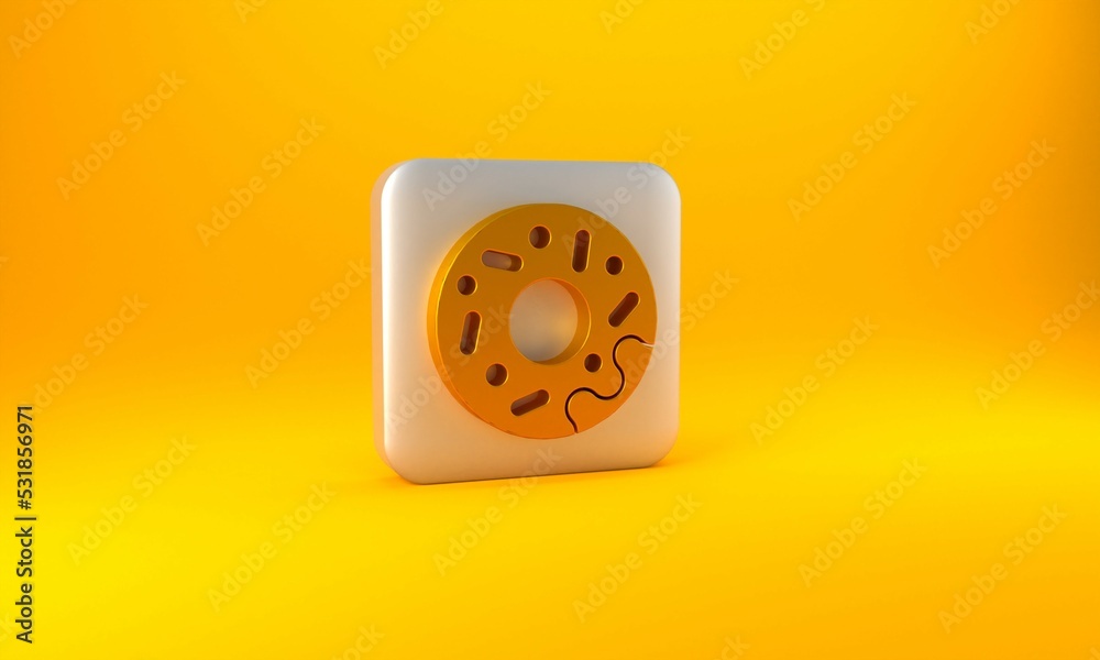 Gold Donut with sweet glaze icon isolated on yellow background. Silver square button. 3D render illu