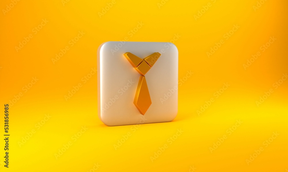 Gold Tie icon isolated on yellow background. Necktie and neckcloth symbol. Silver square button. 3D 