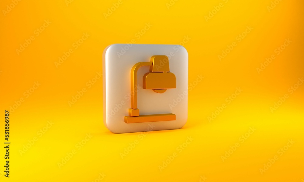 Gold Table lamp icon isolated on yellow background. Silver square button. 3D render illustration