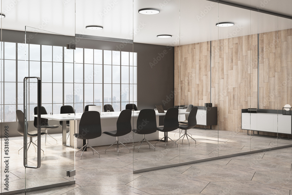 Clean wooden and concrete tile, empty bright meeting room interior with furniture, glass wall and da