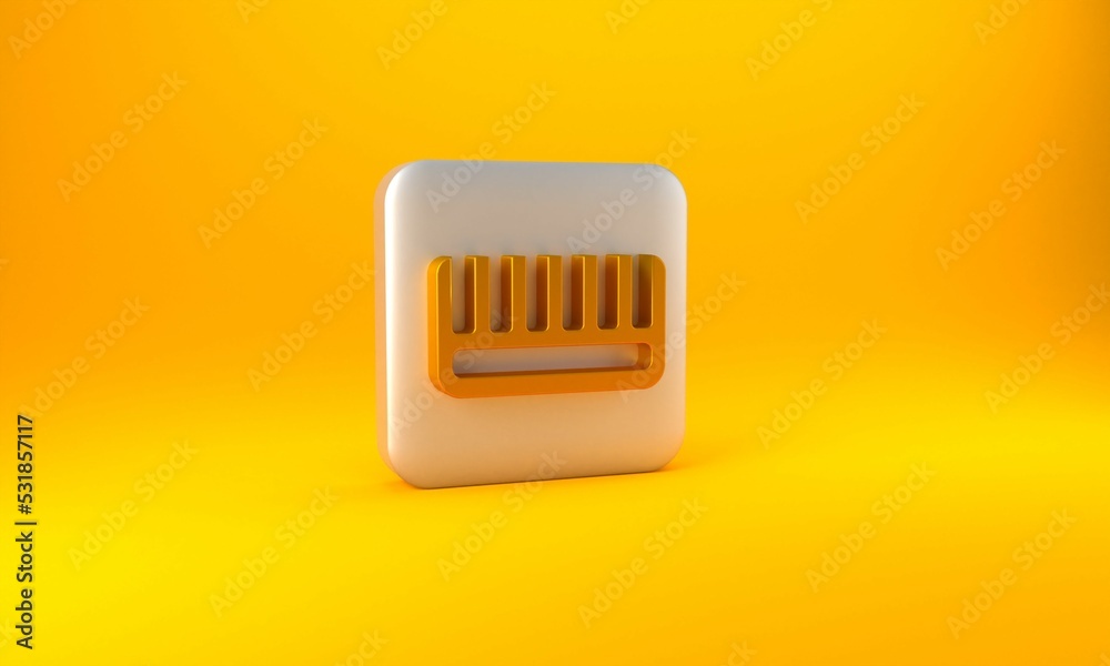 Gold Hairbrush icon isolated on yellow background. Comb hair sign. Barber symbol. Silver square butt