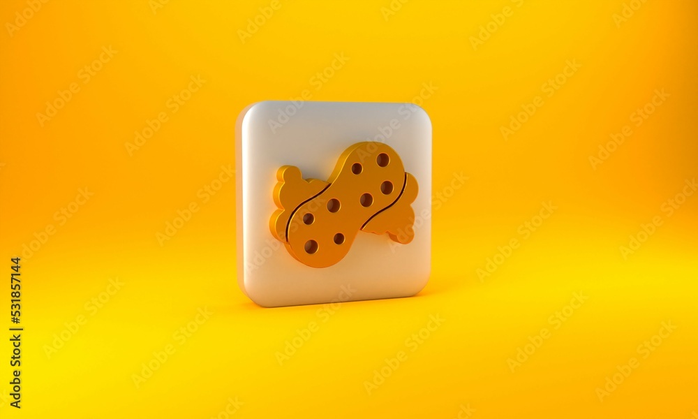 Gold Sponge with bubbles icon isolated on yellow background. Wisp of bast for washing dishes. Cleani