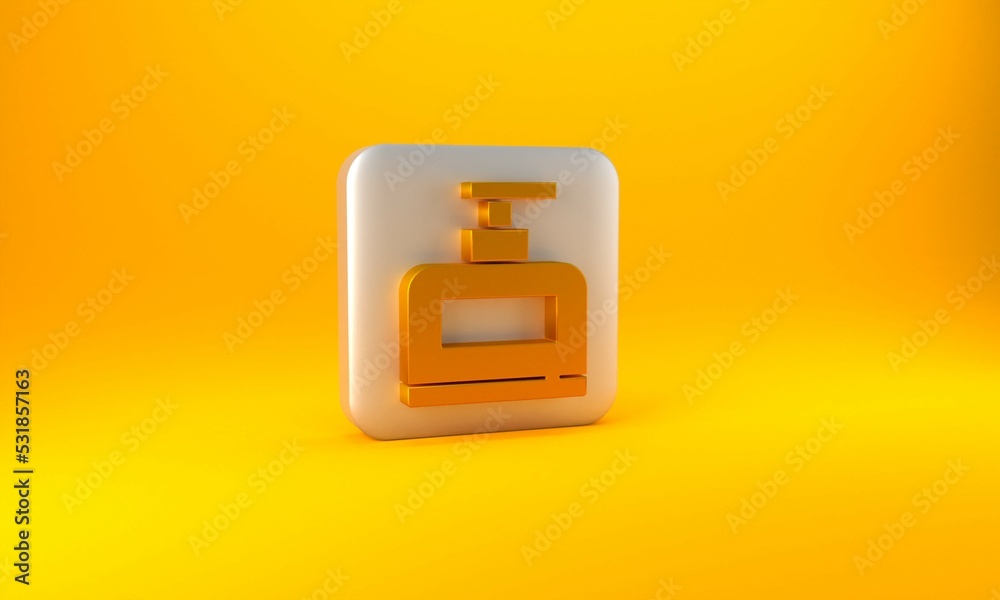 Gold Bottle of shampoo icon isolated on yellow background. Silver square button. 3D render illustrat