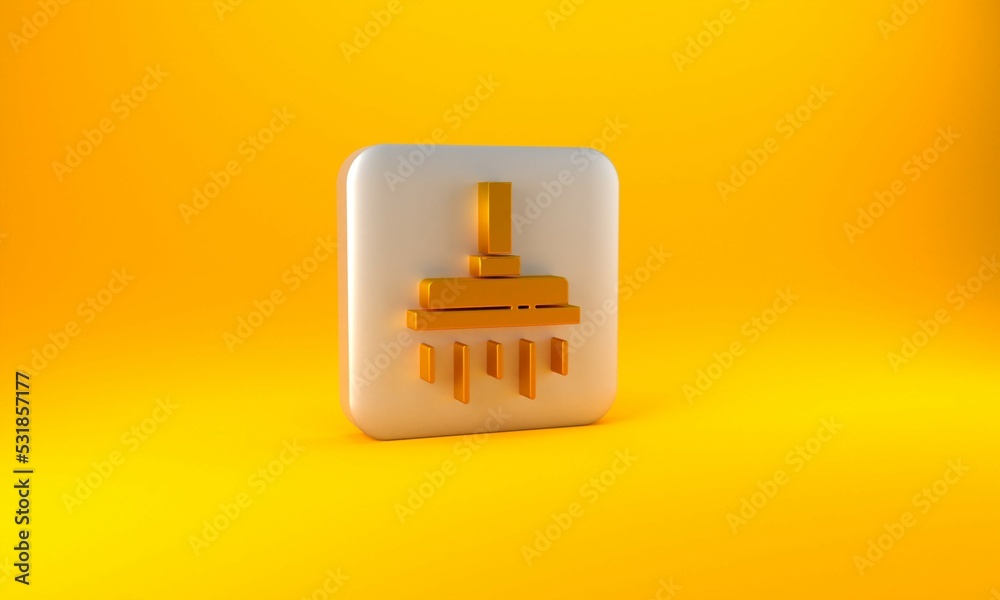 Gold Shower head with water drops flowing icon isolated on yellow background. Silver square button. 