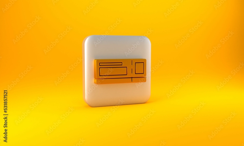 Gold Travel ticket icon isolated on yellow background. Train, ship, plane, tram, bus transport. Trav