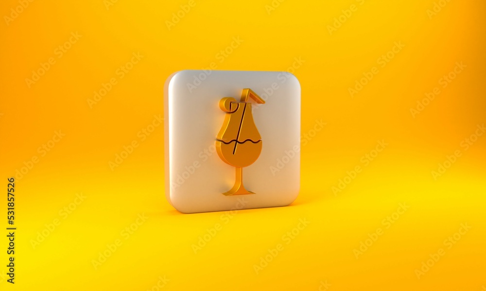 Gold Cocktail and alcohol drink icon isolated on yellow background. Silver square button. 3D render 