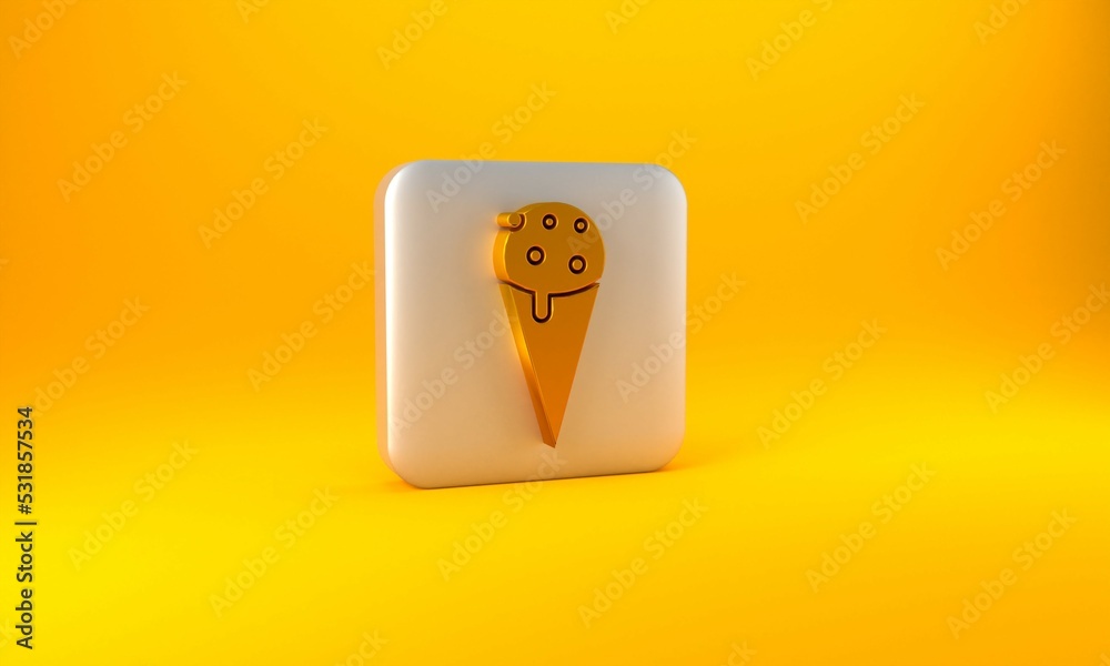 Gold Ice cream in waffle cone icon isolated on yellow background. Sweet symbol. Silver square button