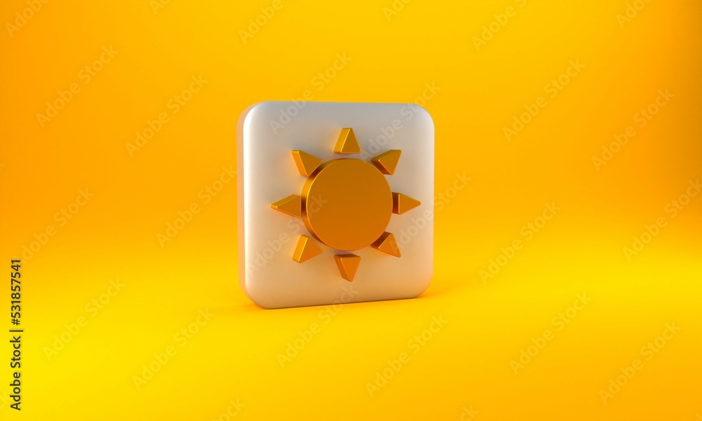 Gold Sun icon isolated on yellow background. Summer symbol. Good sunny day. Silver square button. 3D