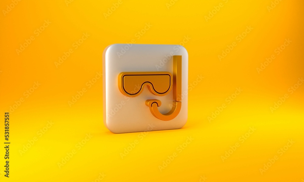 Gold Diving mask and snorkel icon isolated on yellow background. Extreme sport. Diving underwater eq