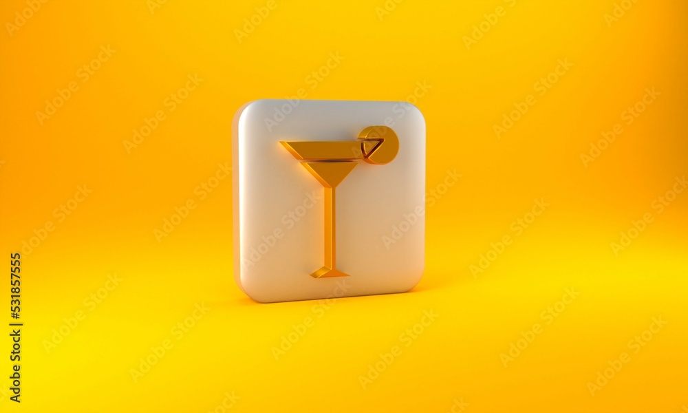 Gold Martini glass icon isolated on yellow background. Cocktail icon. Wine glass icon. Silver square