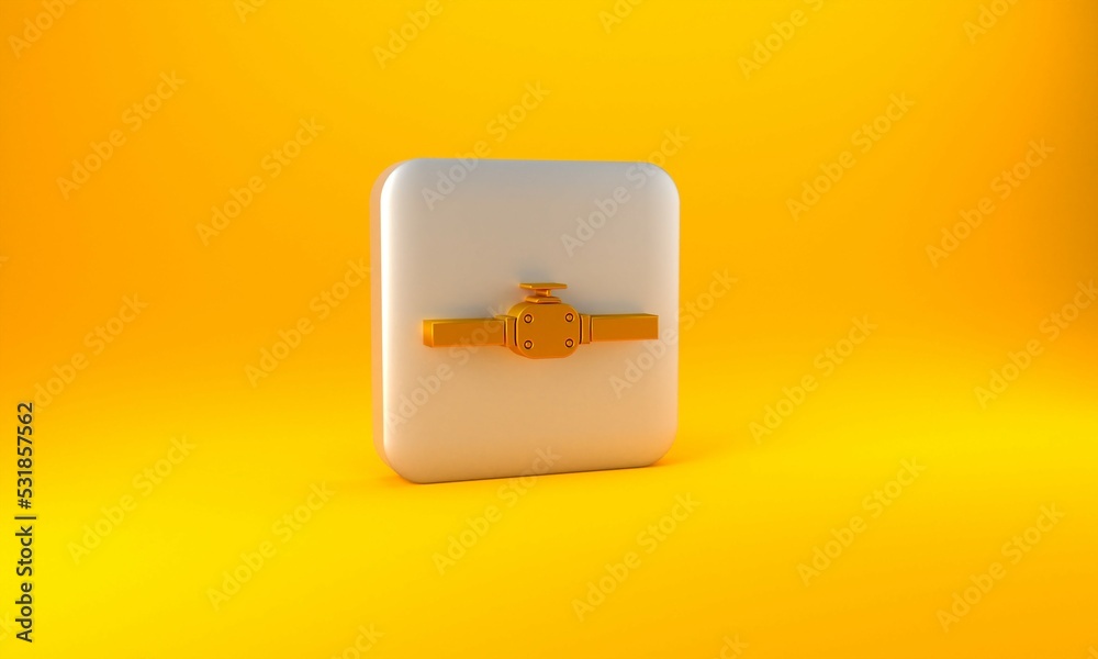 Gold Industry metallic pipes and valve icon isolated on yellow background. Silver square button. 3D 