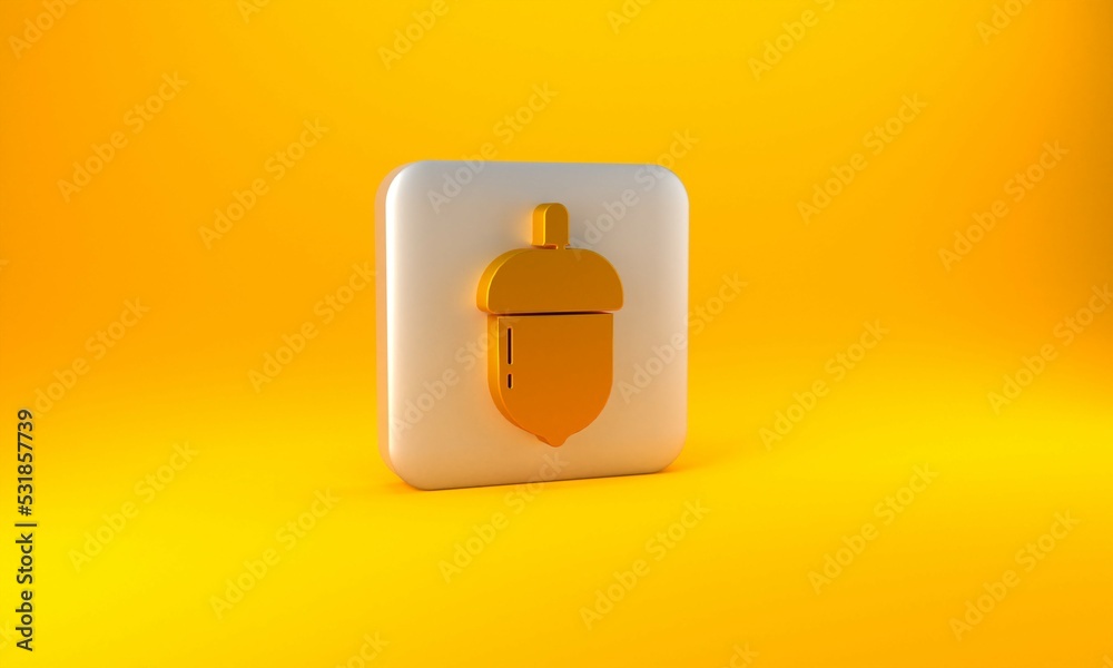 Gold Acorn icon isolated on yellow background. Silver square button. 3D render illustration