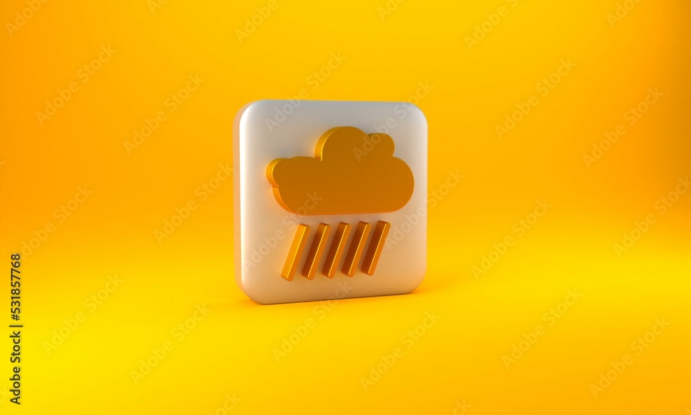 Gold Cloud with rain icon isolated on yellow background. Rain cloud precipitation with rain drops. S