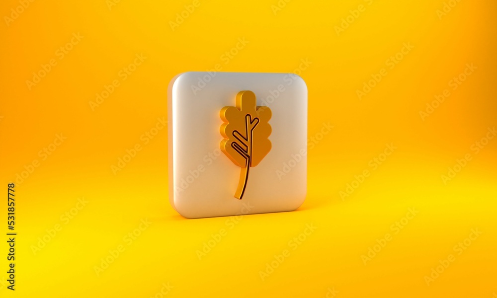 Gold Leaf icon isolated on yellow background. Leaves sign. Fresh natural product symbol. Silver squa