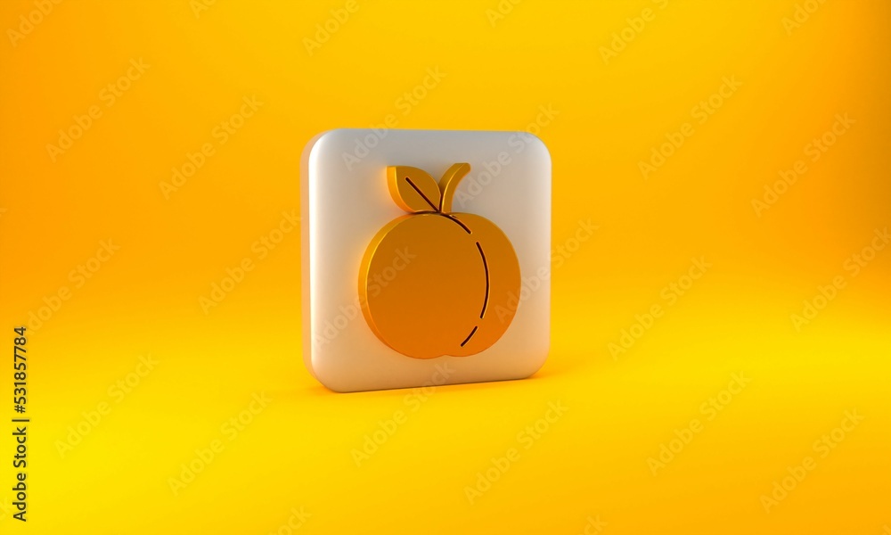 Gold Peach fruit or nectarine with leaf icon isolated on yellow background. Silver square button. 3D