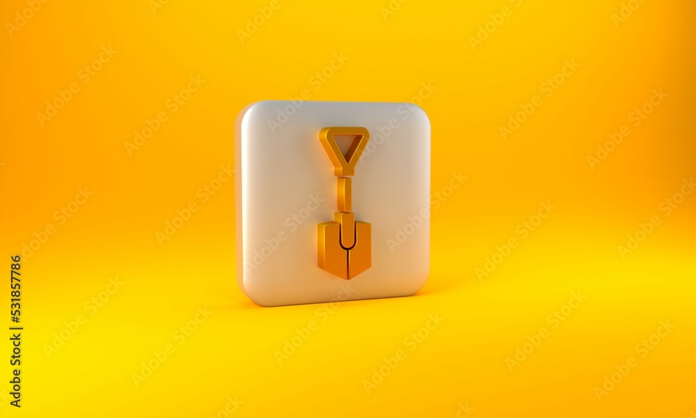 Gold Shovel icon isolated on yellow background. Gardening tool. Tool for horticulture, agriculture, 