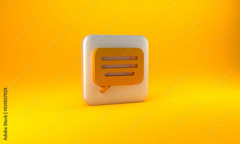 Gold Speech bubble chat icon isolated on yellow background. Message icon. Communication or comment c