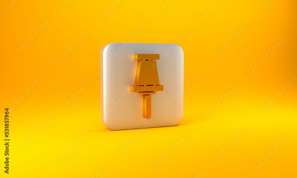 Gold Push pin icon isolated on yellow background. Thumbtacks sign. Silver square button. 3D render i