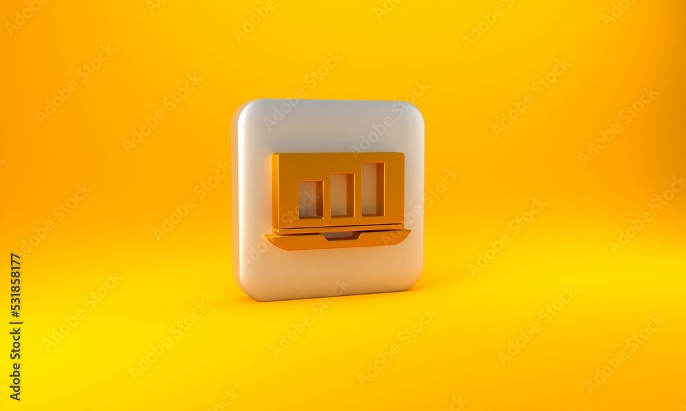 Gold Laptop with graph chart icon isolated on yellow background. Report text file icon. Accounting s