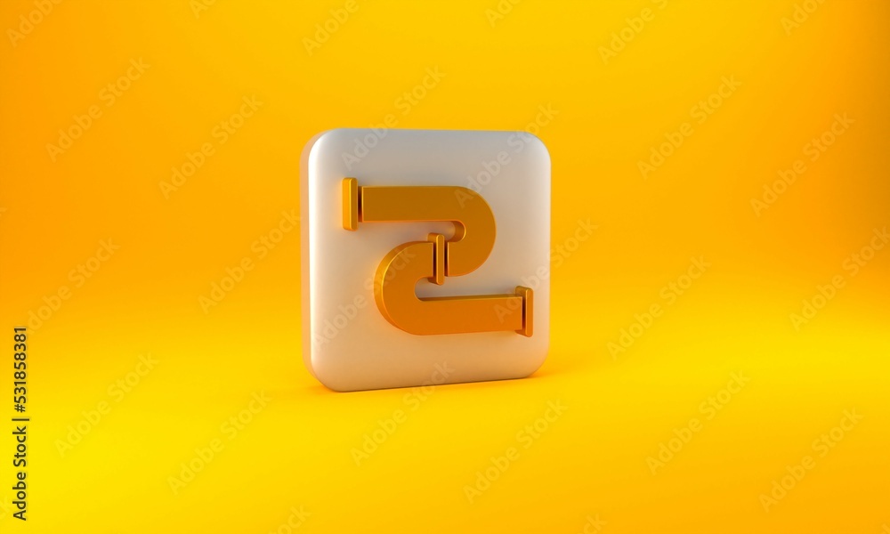 Gold Industry metallic pipe icon isolated on yellow background. Plumbing pipeline parts of different