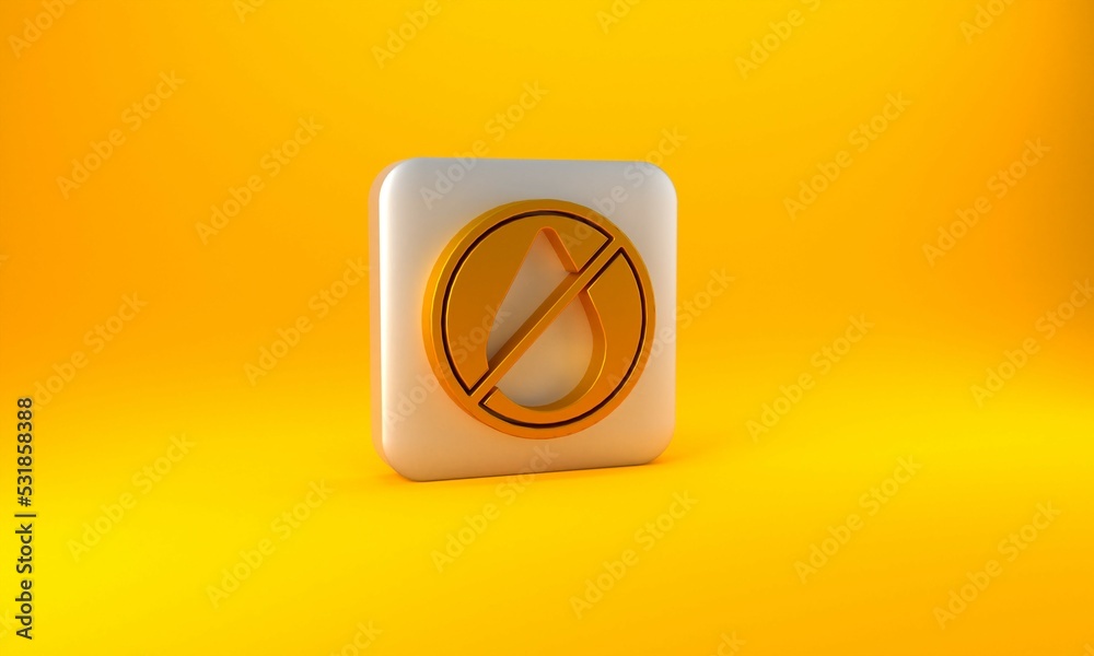 Gold Water drop forbidden icon isolated on yellow background. No water sign. Silver square button. 3