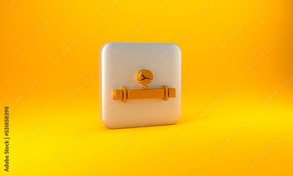 Gold Industry metallic pipe and manometer icon isolated on yellow background. Silver square button. 