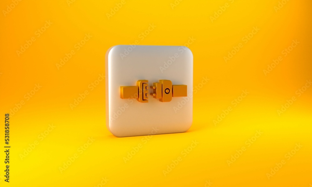 Gold Safety belt icon isolated on yellow background. Seat belt. Silver square button. 3D render illu